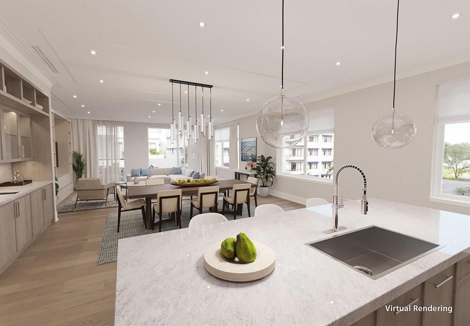 This virtual rendering shows an open-concept kitchen and dining area with light wood flooring — 1011 Us Highway 1 # C206, Juno Beach FL 33408, JUNO BEACH, FL