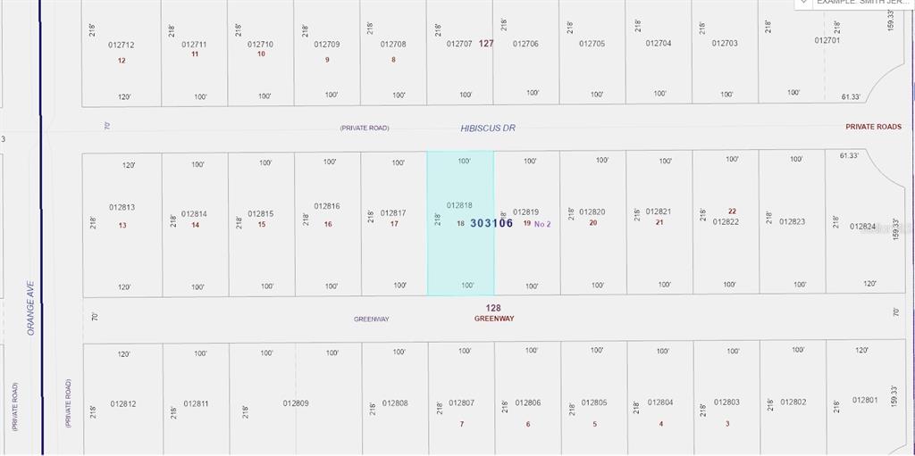This image is a plat map showing a grid of numbered land parcels and roads — 713 HIBISCUS DRIVE, INDIAN LAKE ESTATES, FL