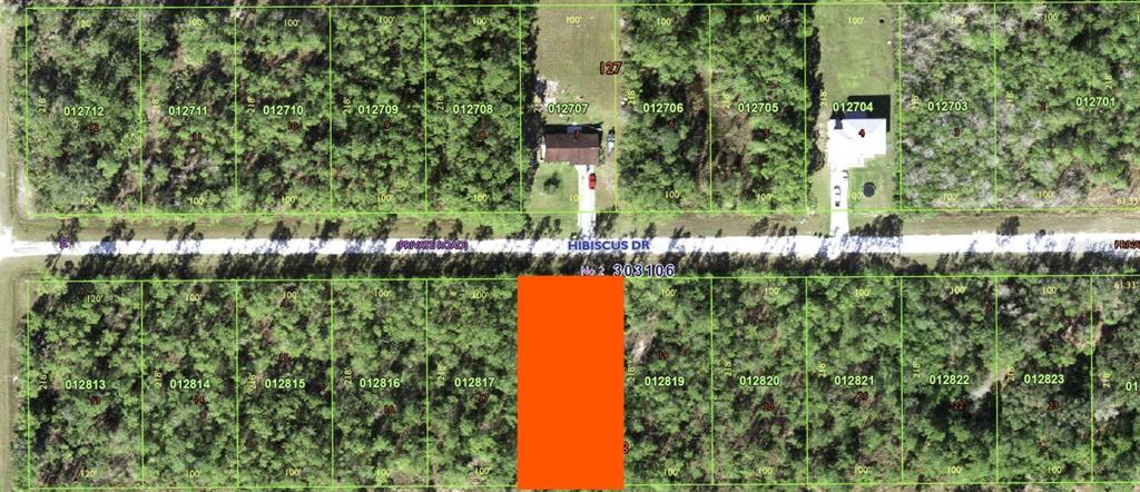 This is a satellite map view showing a residential street with multiple subdivided land parcels — 713 HIBISCUS DRIVE, INDIAN LAKE ESTATES, FL