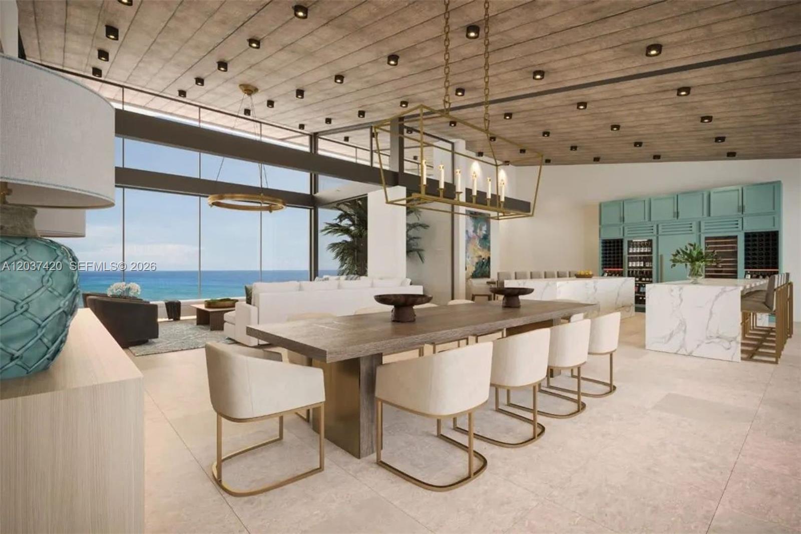 This rendering shows a modern dining area with a wood-paneled ceiling and ocean views — 0 Cana, FL