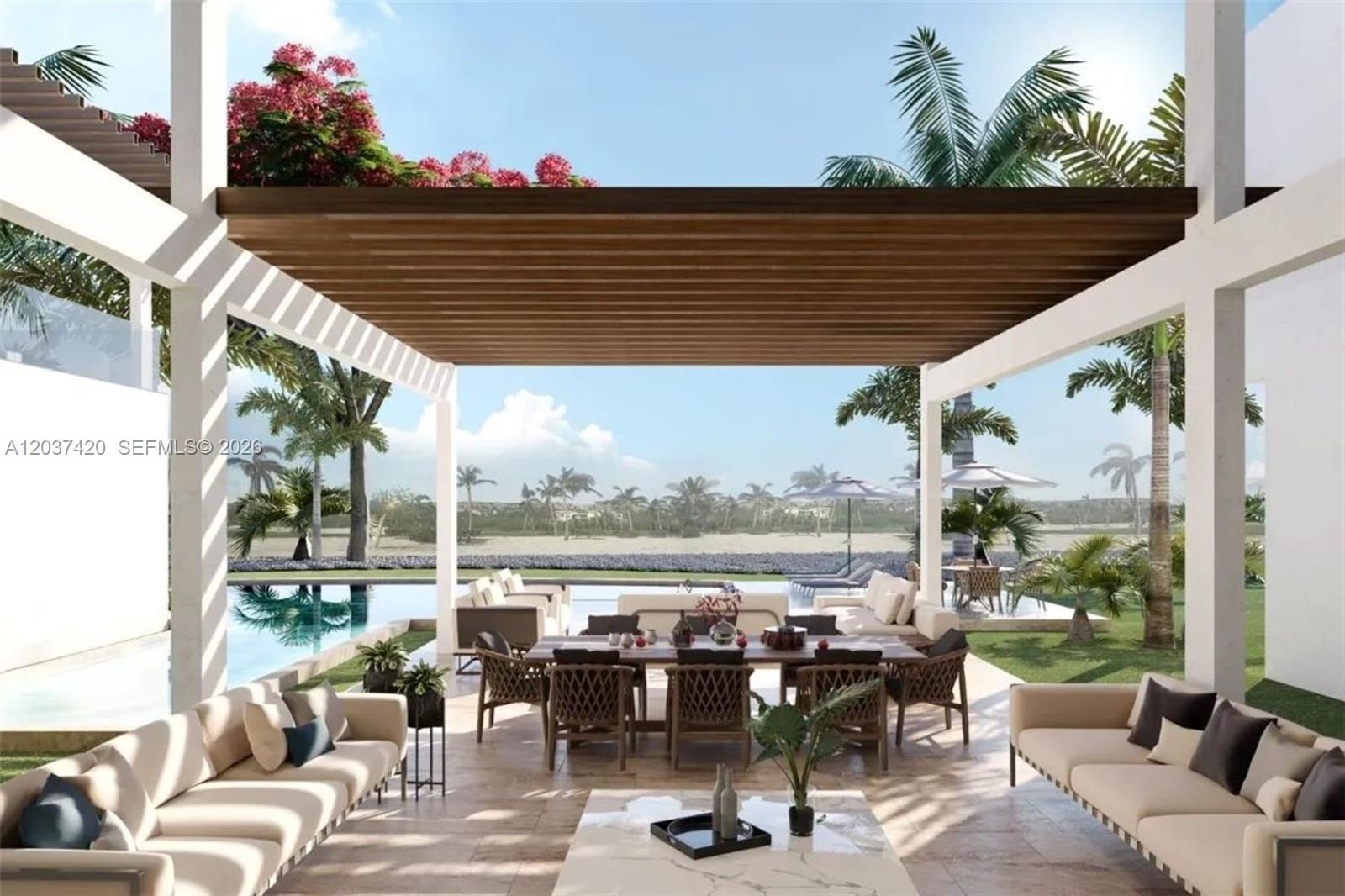 This architectural rendering shows a covered outdoor patio with a dining area and swimming pool — 0 Cana, FL