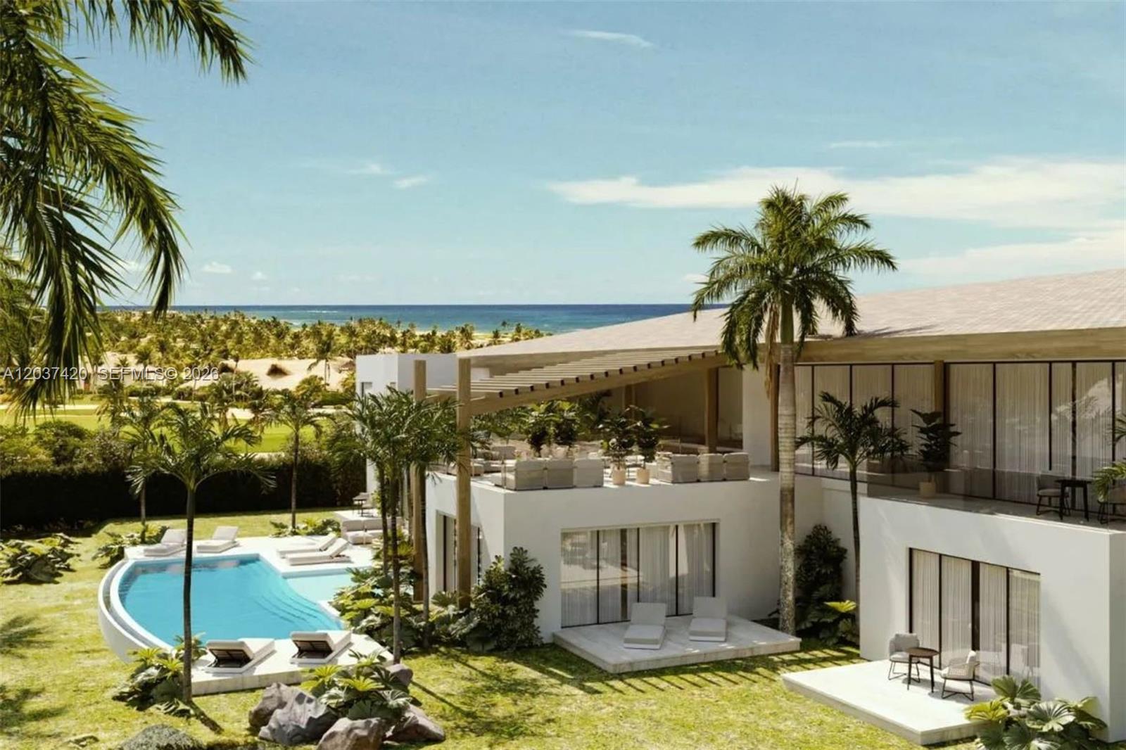 This architectural rendering shows a modern white villa with a pool and ocean views — 0 Cana, FL