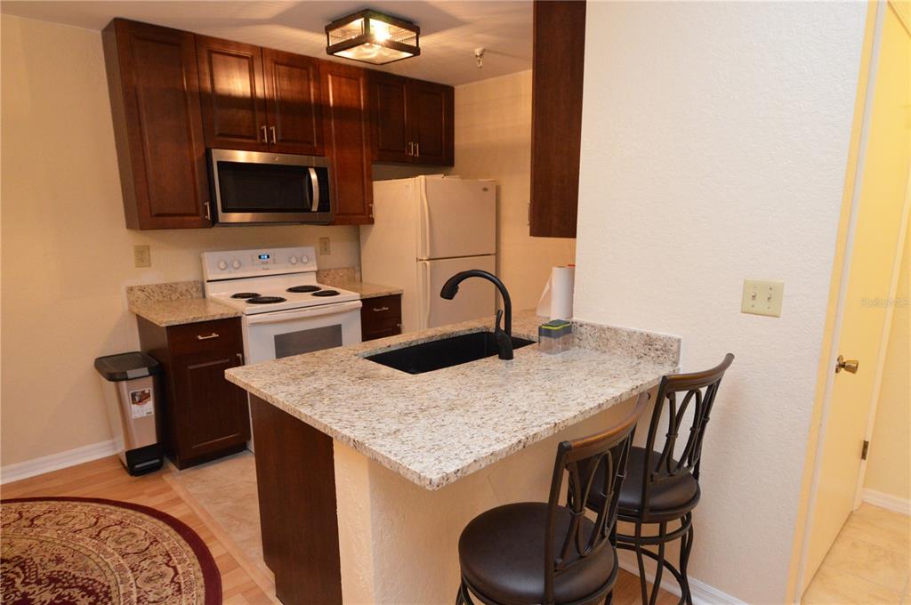 A kitchen features dark wood cabinets, granite countertops, a white stove, and a breakfast bar — 10263 GANDY BOULEVARD N UNIT 602, ST PETERSBURG, FL