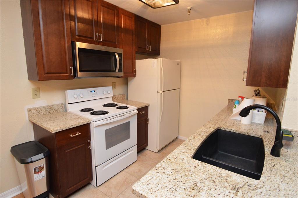 A kitchen features dark wood cabinets, granite countertops, a white stove, and a black sink — 10263 GANDY BOULEVARD N UNIT 602, ST PETERSBURG, FL