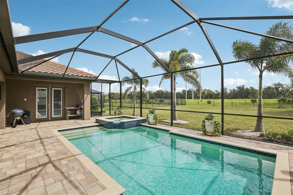 A screened-in patio features a swimming pool, a raised spa, and a paved deck — 14235 SWISS BRIDGE DRIVE, RIVERVIEW, FL