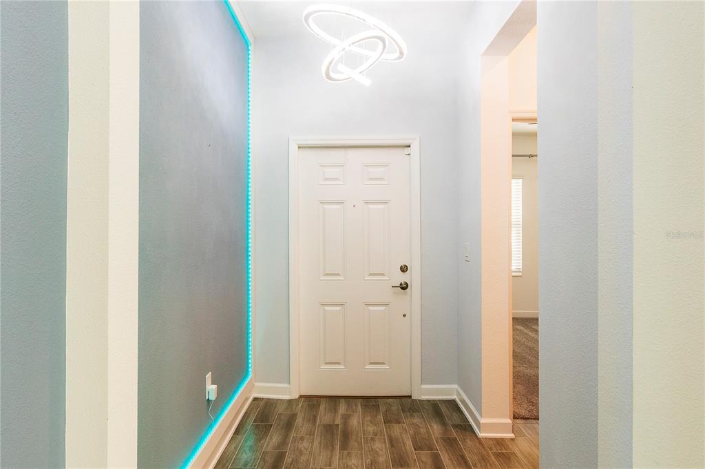 An entryway features a white door, wood-look tile flooring, and a modern circular light fixture — 1778 BEE NICE DRIVE, KISSIMMEE, FL
