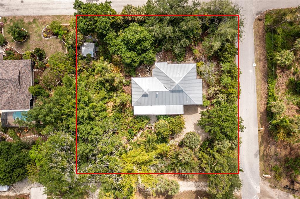 An aerial view shows a house with a metal roof surrounded by dense trees — 700 YALE STREET, ENGLEWOOD, FL