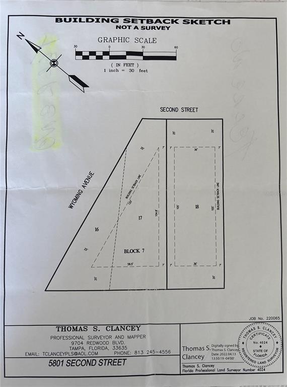 This is a building setback sketch map showing three adjacent lots in a residential block — 5801 S 2ND STREET, TAMPA, FL