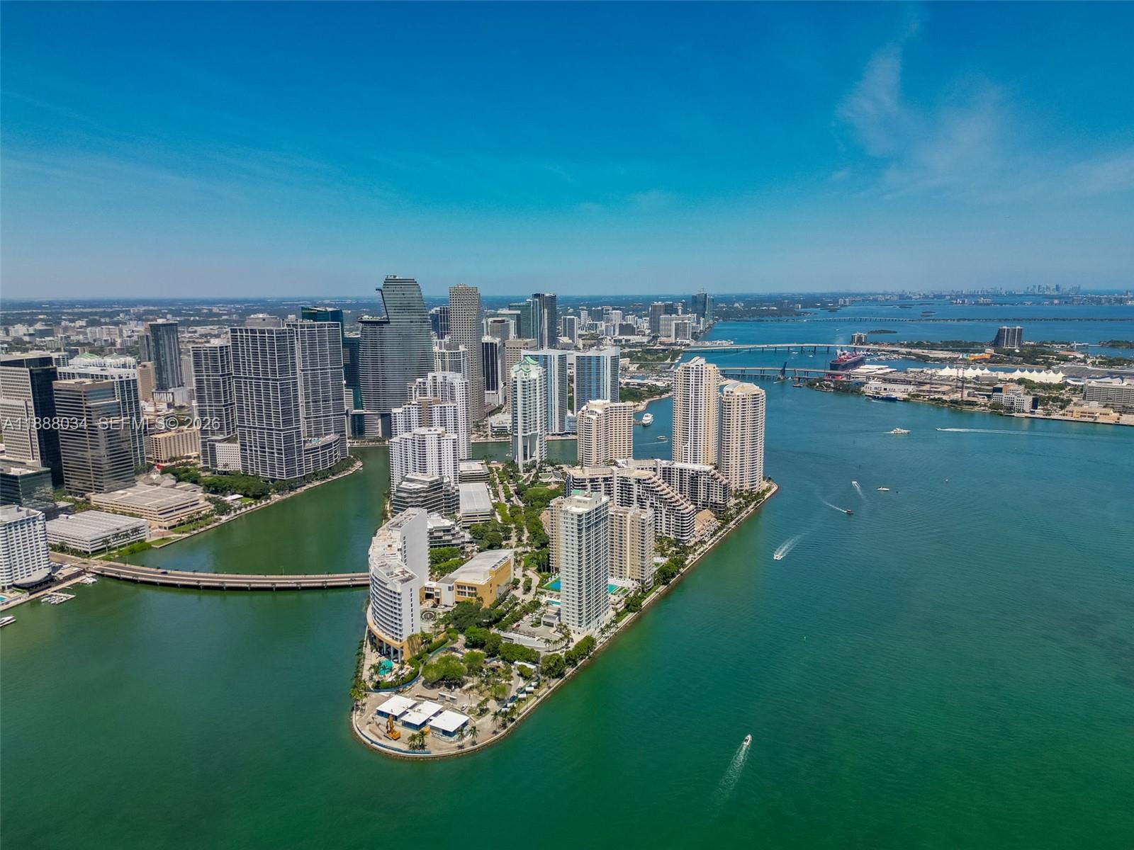 An aerial view of the Brickell Key island and the surrounding Miami skyline — 520 Brickell Key Drive # 03, Miami FL 33131, MIAMI, FL