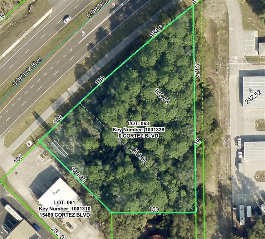 This is an aerial map showing property boundaries and dimensions for a vacant wooded lot — CORTEZ BOULEVARD, BROOKSVILLE, FL