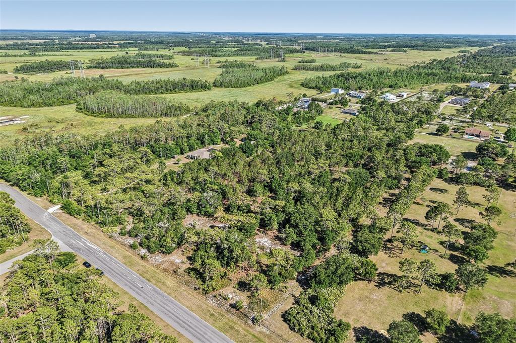 An aerial view shows a wooded lot adjacent to a paved road in a rural area — OBERLY PARKWAY, ORLANDO, FL