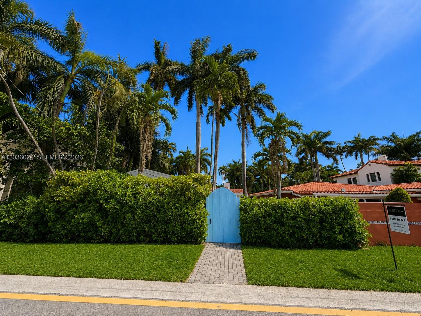 A blue gate stands in a hedge-lined yard with palm trees and a house — 265-A Palm Ave, Miami Beach FL 33139, MIAMI BEACH, FL
