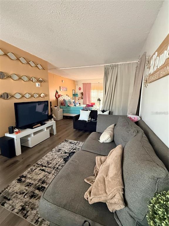 A living room features a gray sofa, a television on a stand, and a bedroom beyond — 1805 MICHIGAN AVENUE UNIT D, KISSIMMEE, FL