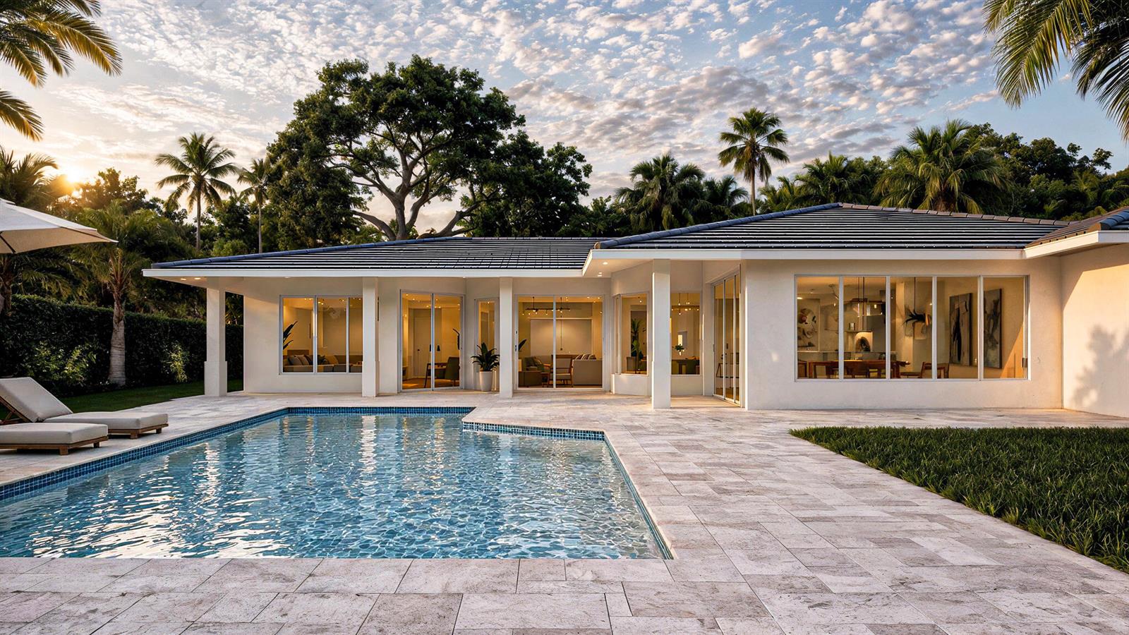 A white house with a pool, patio, and palm trees under a cloudy sunset sky — 1331 Jonathans Trail, Vero Beach FL 32963, VERO BEACH, FL