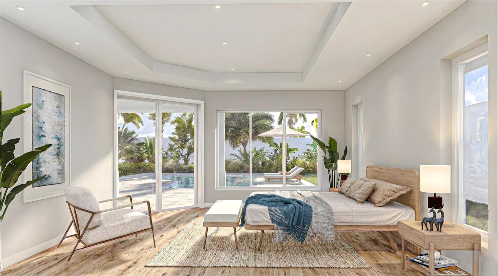 This rendering shows a bedroom with a pool view, wood flooring, and a tray ceiling — 1331 Jonathans Trail, Vero Beach FL 32963, VERO BEACH, FL