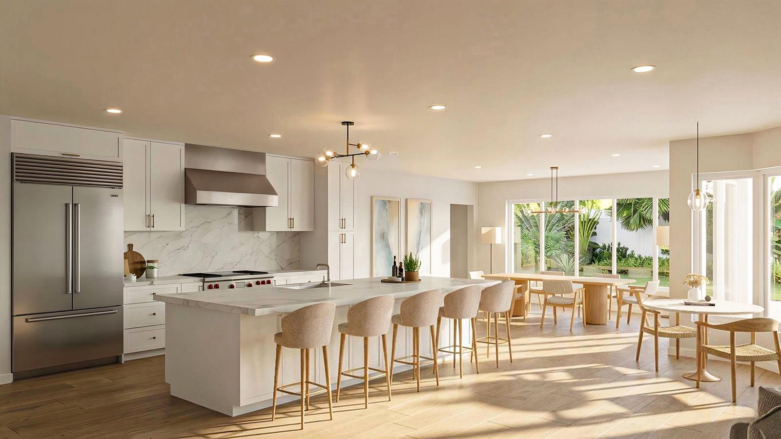 This is a rendering of a modern kitchen with a large island and dining area — 1331 Jonathans Trail, Vero Beach FL 32963, VERO BEACH, FL
