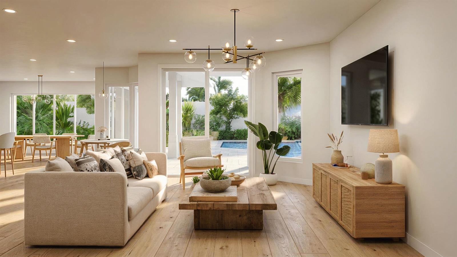 This rendering shows a modern living room with a wooden coffee table and pool view — 1331 Jonathans Trail, Vero Beach FL 32963, VERO BEACH, FL