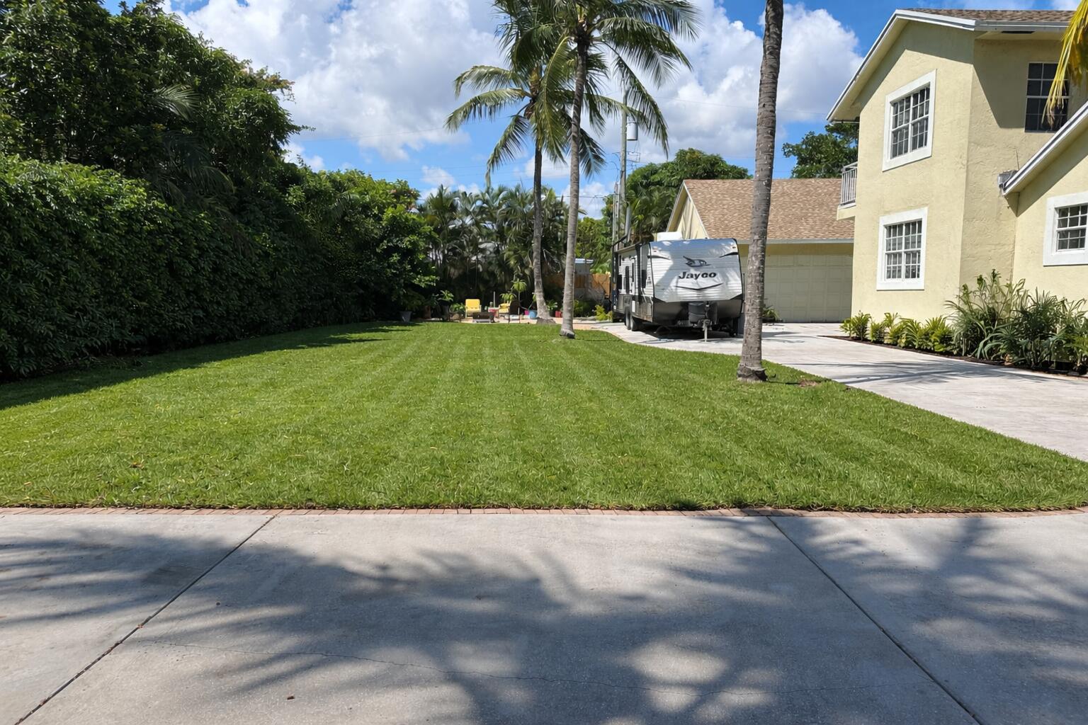 A large, manicured green lawn sits beside a concrete driveway with a parked travel trailer — 613 N 5th Street, Lantana FL 33462, LANTANA, FL