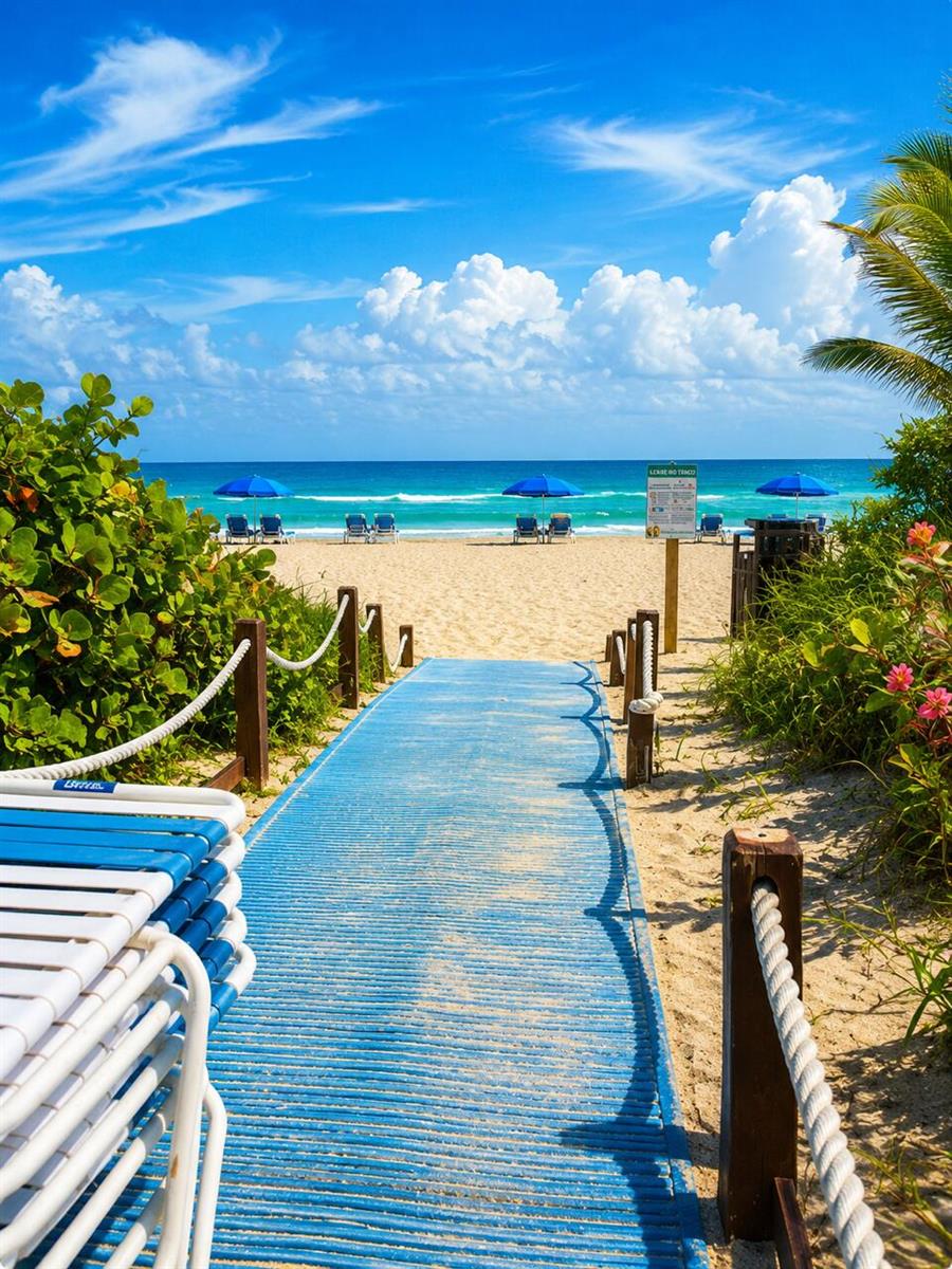 A blue wooden walkway leads through sand dunes to a beach with umbrellas and chairs — 2080 S Ocean Drive # 505, Hallandale Beach FL 33009, HALLANDALE BEACH, FL
