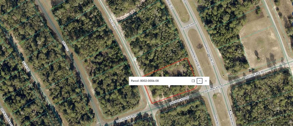 This is an aerial map showing a highlighted vacant parcel of land — 0 MARION OAKS BOULEVARD, OCALA, FL