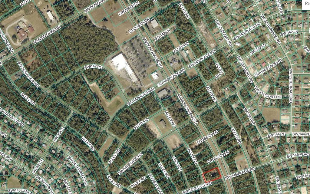 This is an aerial map view of a residential neighborhood with highlighted property boundaries — 0 MARION OAKS BOULEVARD, OCALA, FL