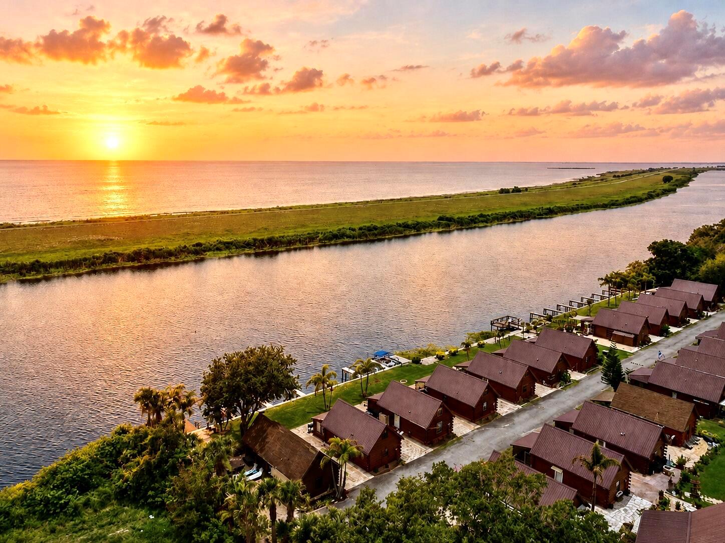 An aerial view shows a row of wooden cabins along a canal at sunset — 8346 Us-441 # 10, Okeechobee FL 34974, OKEECHOBEE, FL