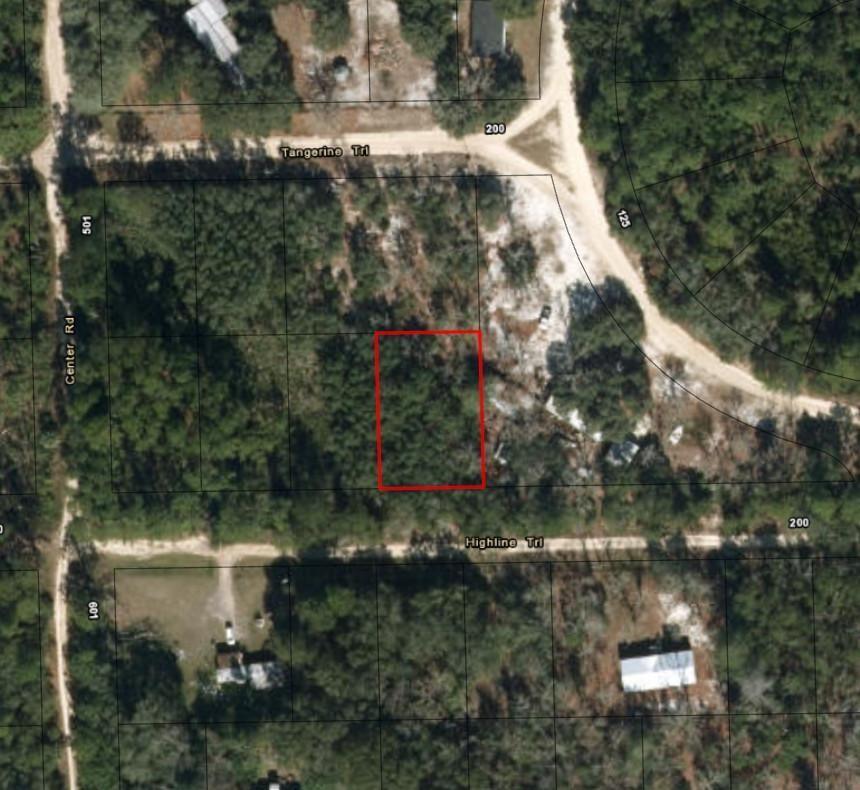 This is an aerial map view of a rectangular, wooded lot located between two dirt roads — 209 Highline Trail, FL 32189, FL