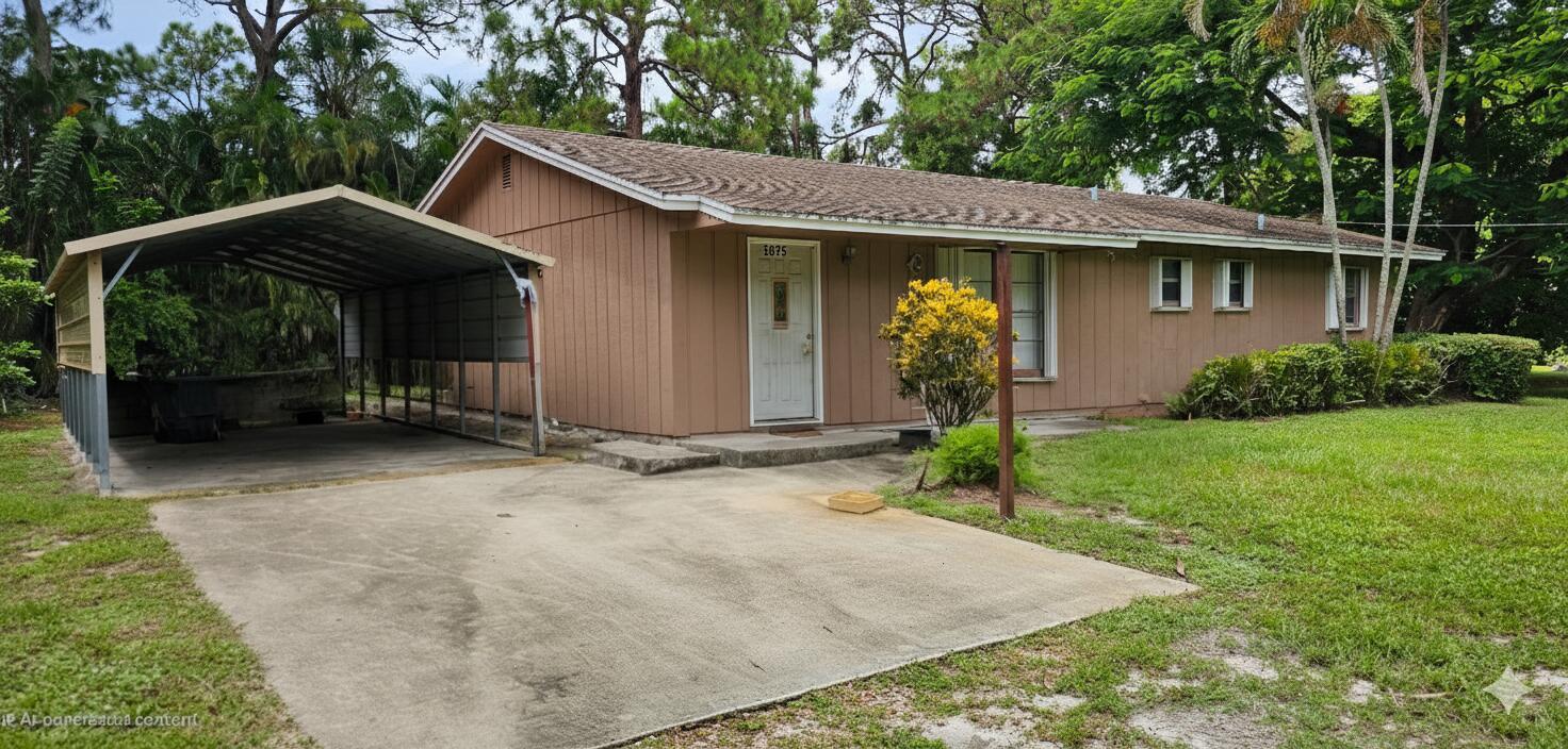 A single-story brown house with a metal carport and a concrete driveway — 5675 Sims Road, Delray Beach FL 33484, DELRAY BEACH, FL