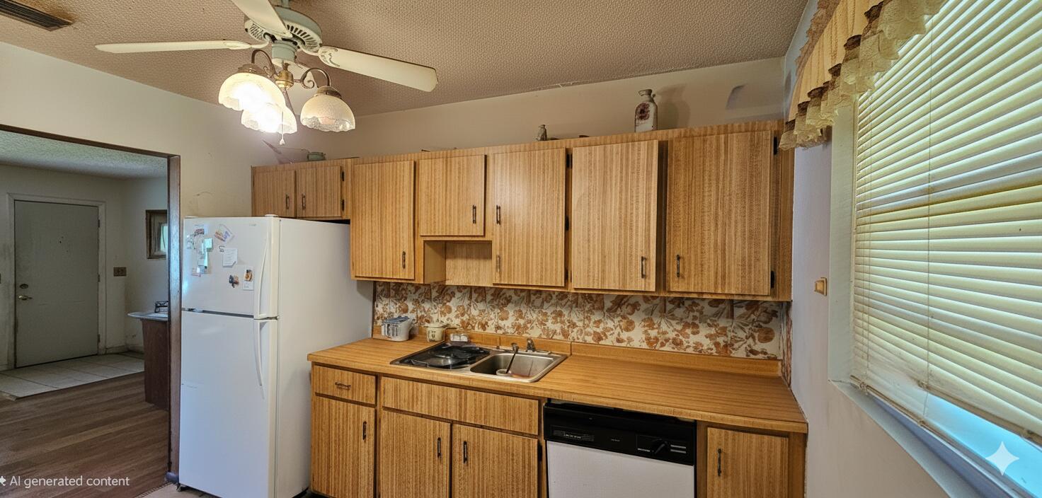 A kitchen features wood-grain cabinets, a floral backsplash, a white refrigerator, and a ceiling fan — 5675 Sims Road, Delray Beach FL 33484, DELRAY BEACH, FL