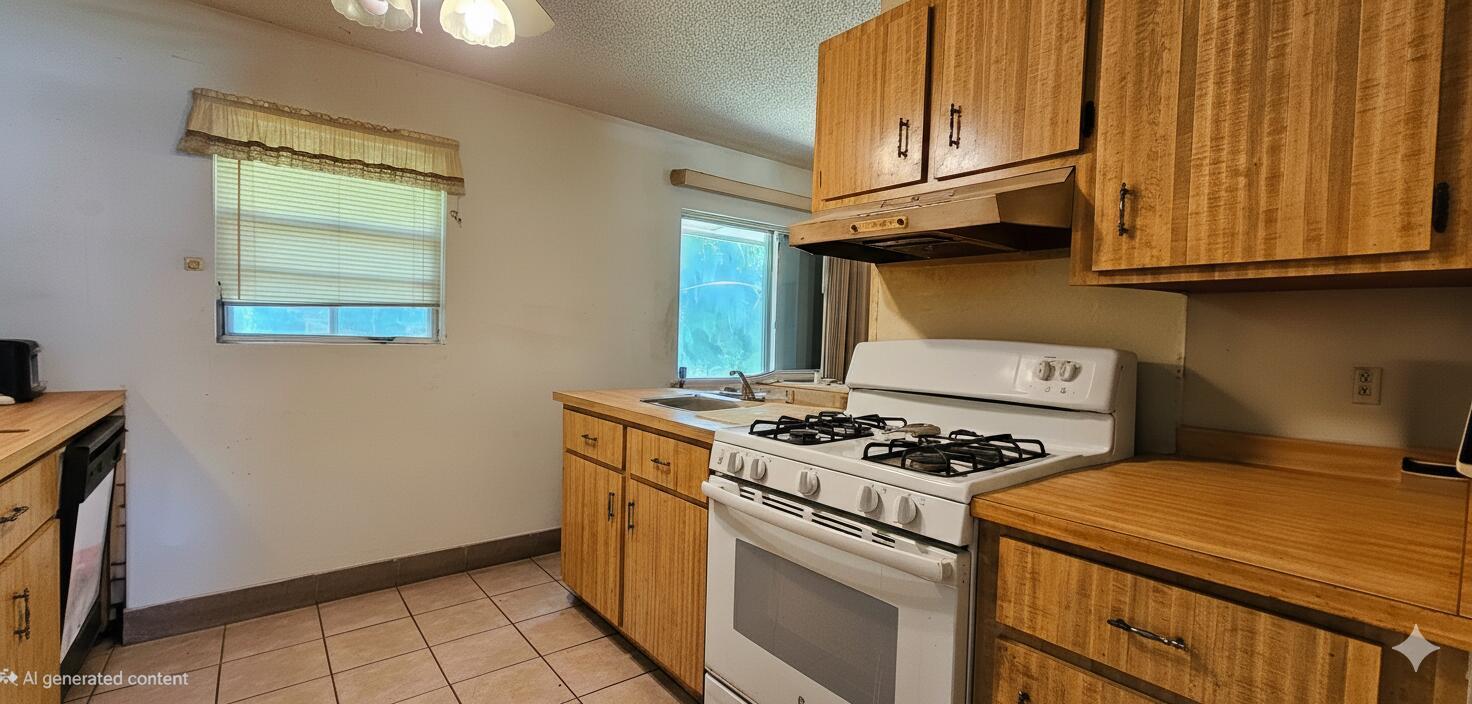 A kitchen with wood cabinets, laminate countertops, a white gas stove, and tiled flooring — 5675 Sims Road, Delray Beach FL 33484, DELRAY BEACH, FL
