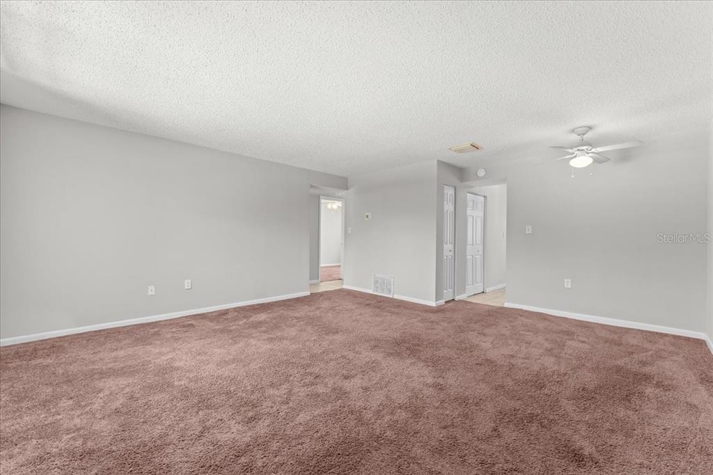 A spacious, empty living room features neutral gray walls, brown carpeting, and a ceiling fan — 12407 OAK CEDAR PLACE UNIT 202, TAMPA, FL
