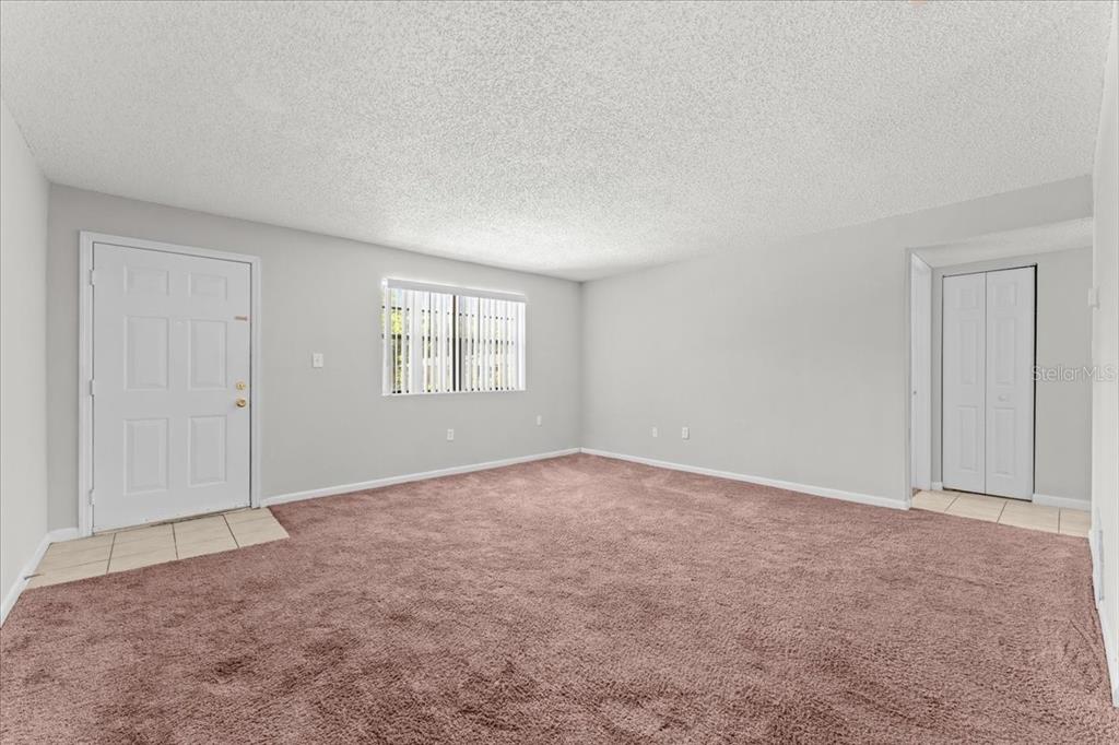 An empty living room features beige carpet, light gray walls, a white door, and blinds — 12407 OAK CEDAR PLACE UNIT 202, TAMPA, FL