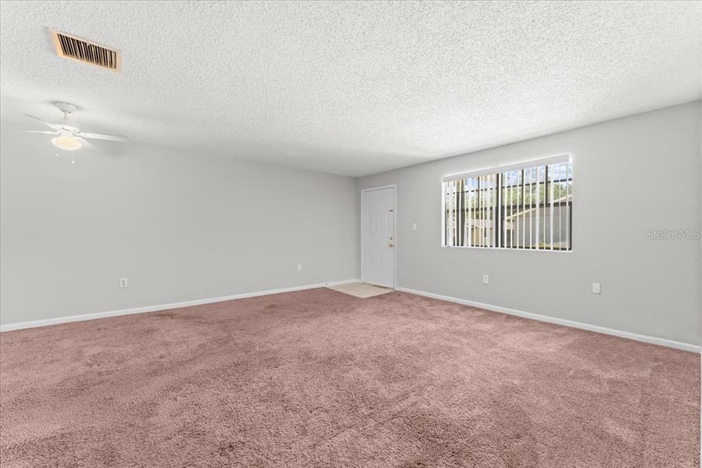 An empty living room features beige carpet, light gray walls, a ceiling fan, and blinds — 12407 OAK CEDAR PLACE UNIT 202, TAMPA, FL