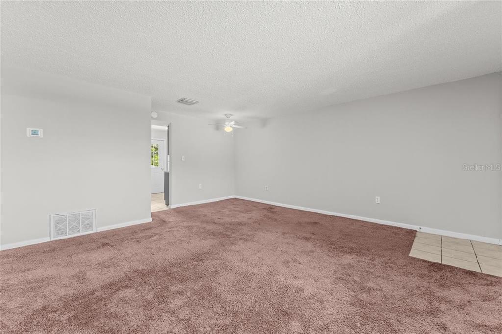 An empty living room features brown wall-to-wall carpeting, light gray walls, and a ceiling fan — 12407 OAK CEDAR PLACE UNIT 202, TAMPA, FL