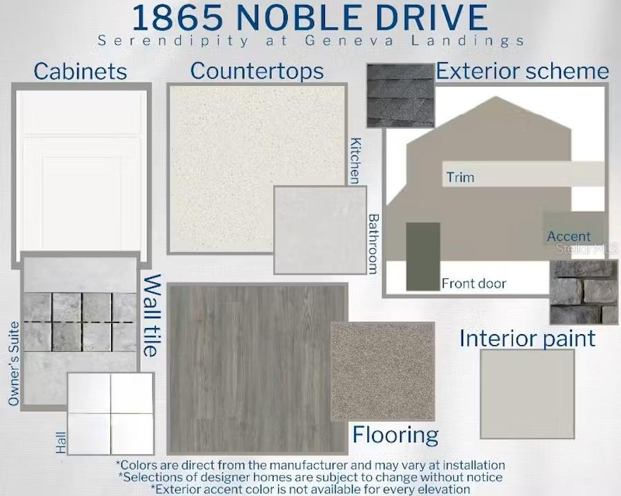 This design board displays interior and exterior finish selections for a new home construction project — 1865 NOBLE DRIVE, DAVENPORT, FL