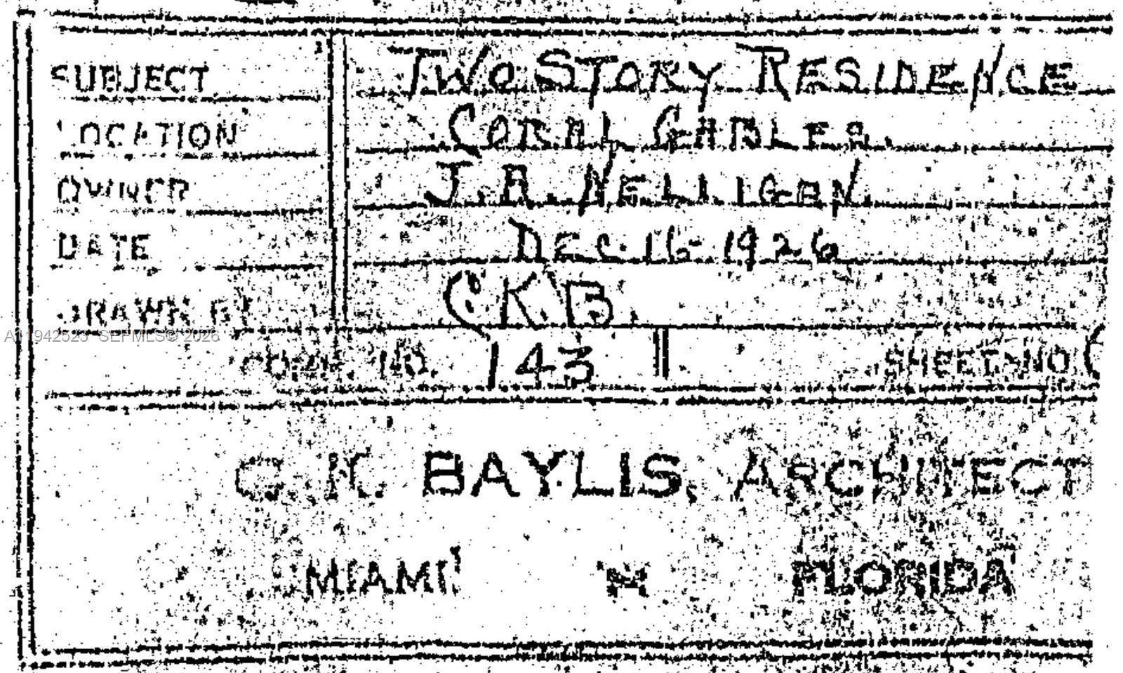 This image is a title block from an architectural drawing for a 1926 residence — 1229 Sorolla Ave, Coral Gables FL 33134, CORAL GABLES, FL