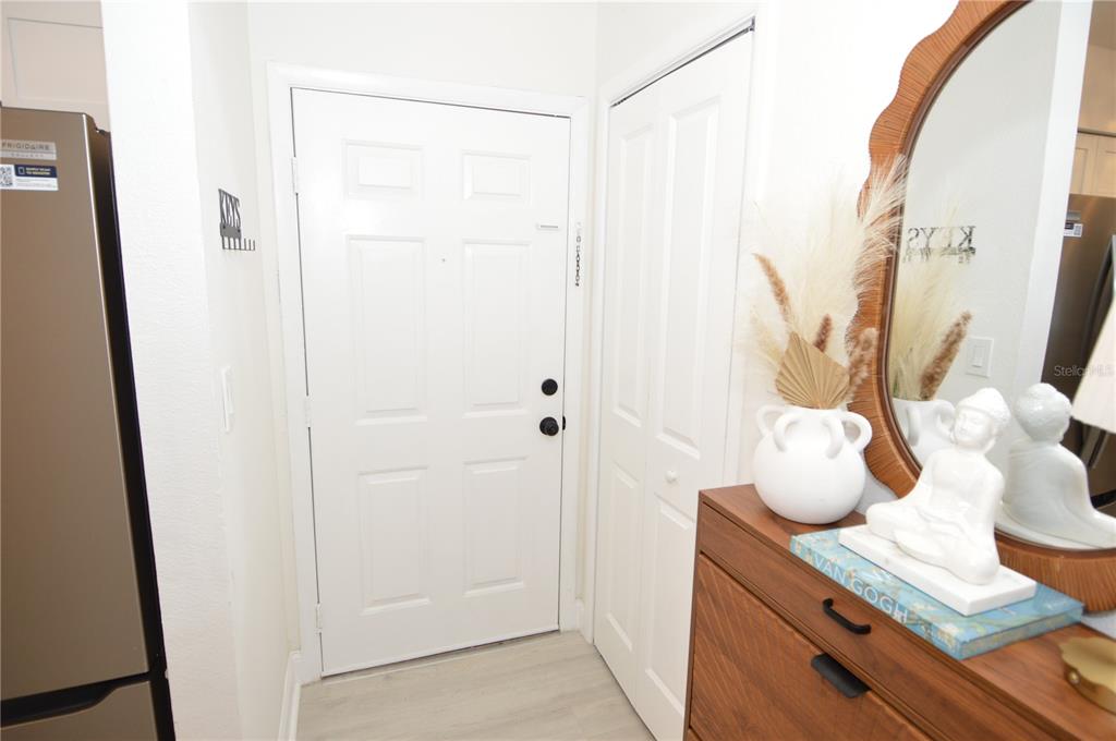 An entryway features a white door, a closet, a wood dresser, and a decorative mirror — 8714 MALLARD RESERVE DRIVE UNIT 201, TAMPA, FL