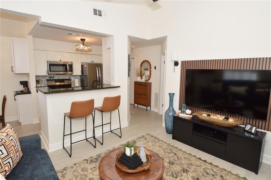 A living room with a television on a slatted wall, adjacent to an open kitchen — 8714 MALLARD RESERVE DRIVE UNIT 201, TAMPA, FL