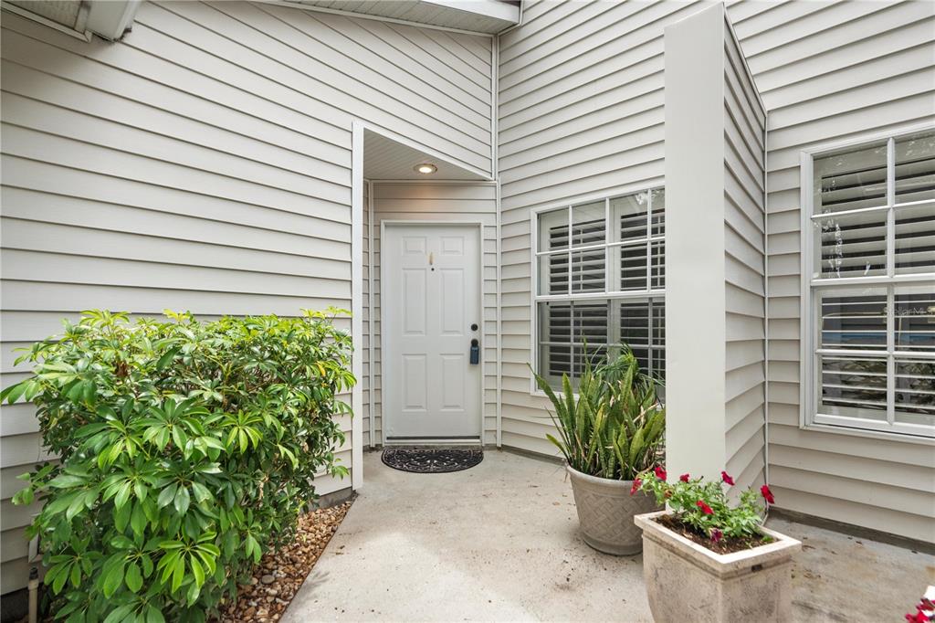 A white front door with a small porch, a potted plant, and light-colored horizontal siding — 21506 GRAY TERN COURT, LUTZ, FL
