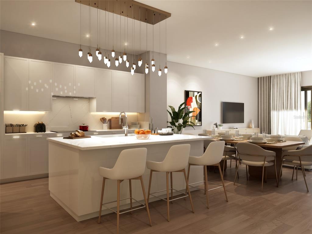 This rendering shows a modern kitchen with a white island, bar stools, and pendant lighting — 10009 CRISBERT COURT UNIT 305C, ORLANDO, FL