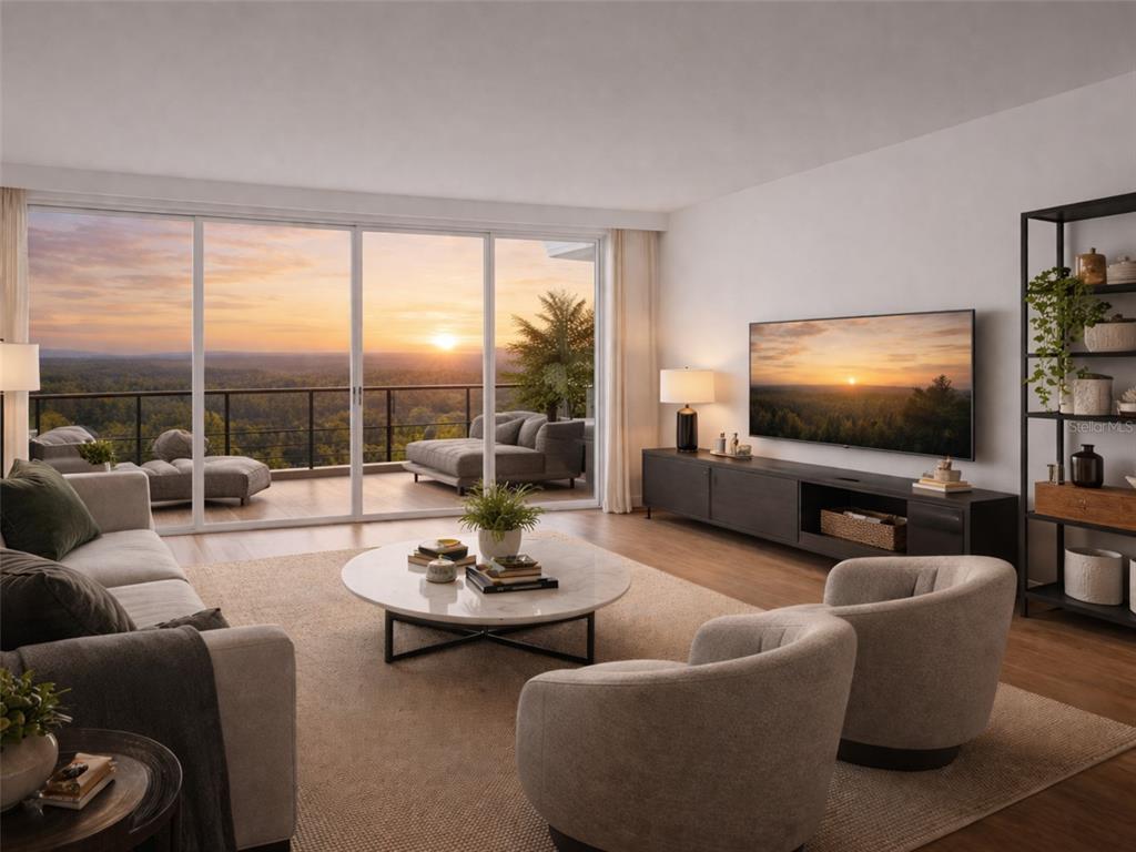 This is a digital rendering of a modern living room with a balcony and sunset view — 10009 CRISBERT COURT UNIT 305C, ORLANDO, FL