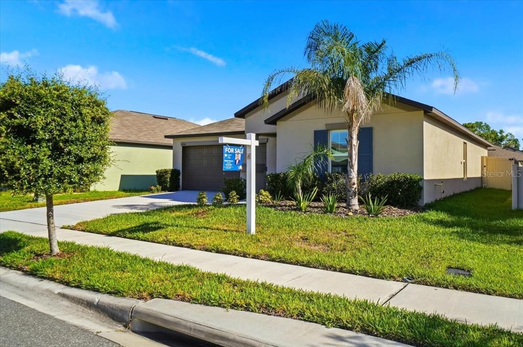 A single-story house with a tan exterior, a palm tree, and a for-sale sign — 4316 TROTTERS WAY, LAKELAND, FL
