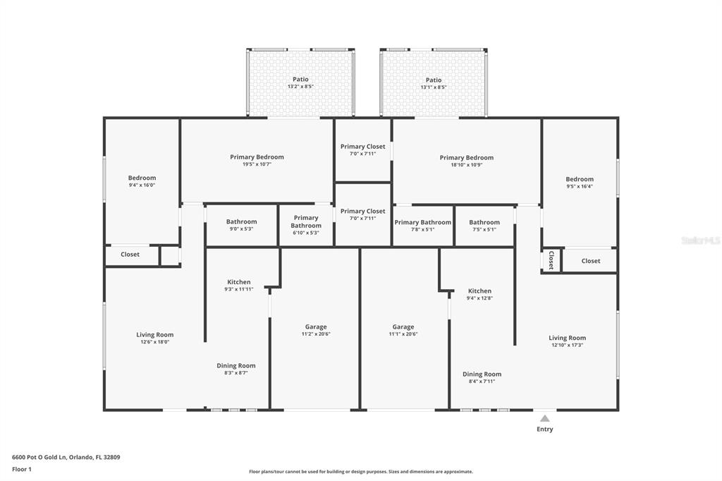 This floor plan shows two mirrored residential units, each featuring a garage, patio, and bedrooms — 6602 POT O GOLD LANE, ORLANDO, FL
