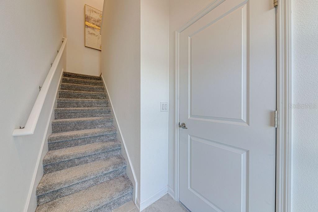 A carpeted staircase with a white handrail sits next to a closed white interior door — 9327 SOMMERSET HILLS DRIVE UNIT 9327, DAVENPORT, FL