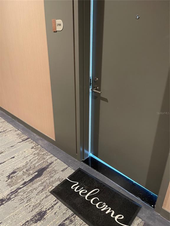 A dark gray apartment door with a welcome mat sits in a carpeted hallway — 400 CENTRAL AVE UNIT 2708, ST PETERSBURG, FL