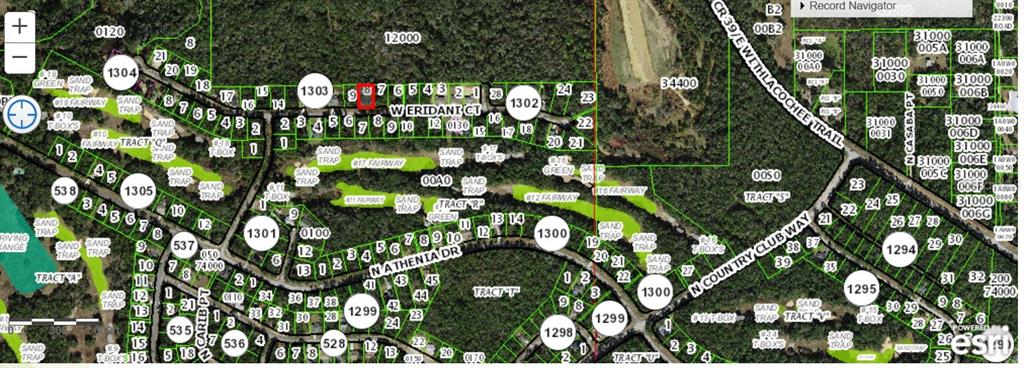 This is a satellite map showing residential property lots, streets, and golf course features — 303 W ERIDANI COURT, CITRUS SPRINGS, FL