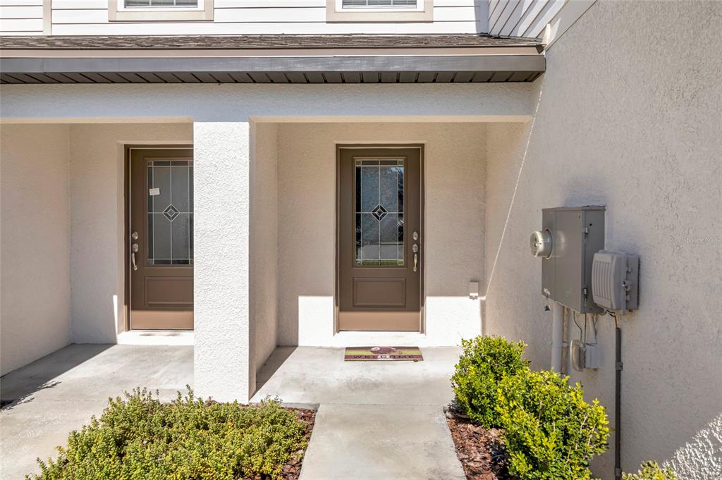 The exterior view shows two brown front doors with glass inserts and a utility box — 1691 WYNFORD CIRCLE, TAVARES, FL
