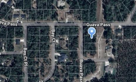 This is a satellite map view showing a vacant residential lot on a street corner — GUAVA PASS LANE, OCKLAWAHA, FL