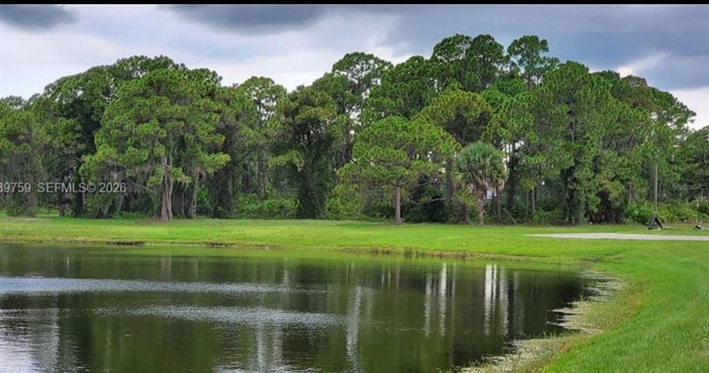 A grassy lawn borders a pond in front of a dense line of pine trees — 14 CATS PAW DRIVE, PLACIDA, FL