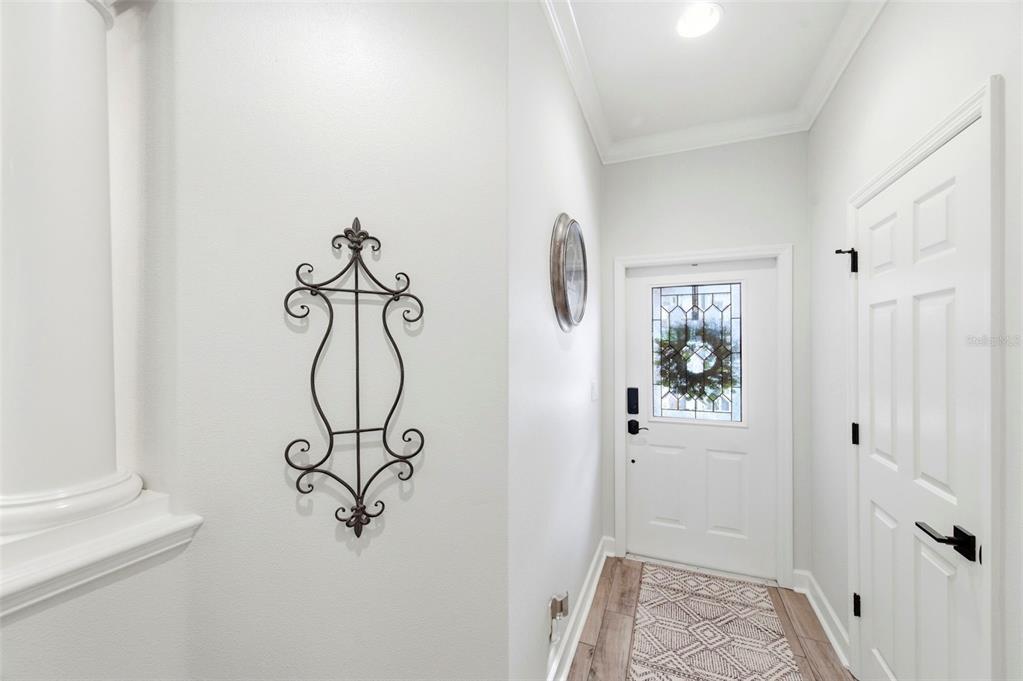 A bright entryway features a white door with a decorative window, wood-look flooring, and wall decor — 2670 TANGLEWOOD TRAIL, PALM HARBOR, FL